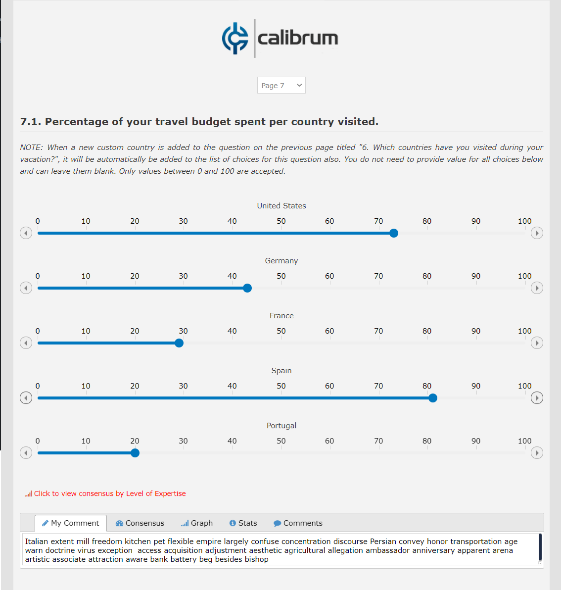 Example participant view of a constant sum question using sliders.