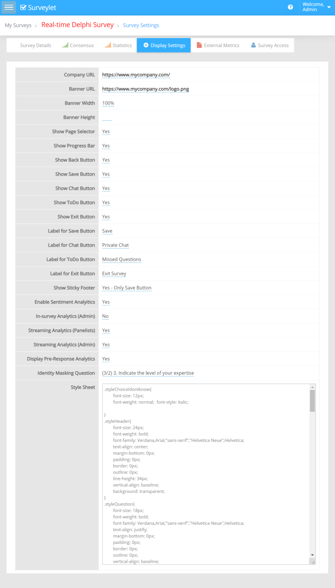 Display Settings contains controls for the participant interface.