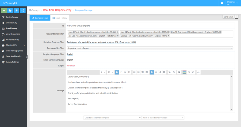 The Email Survey form brings together message content, recipients, and sending options.