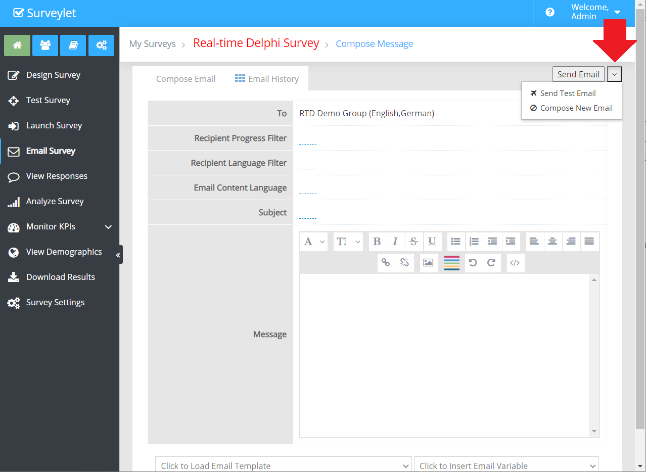 The email form supports sending messages to selected participant groups or progress categories.