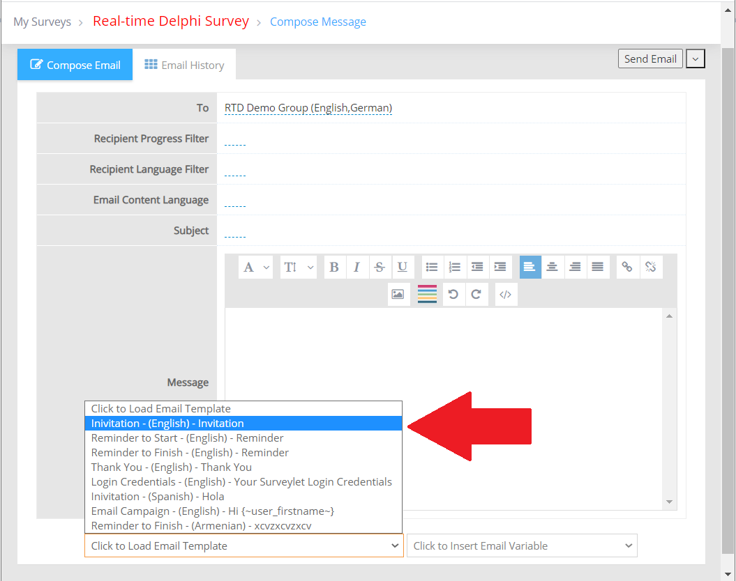 Choose a reusable template in the survey email editor.