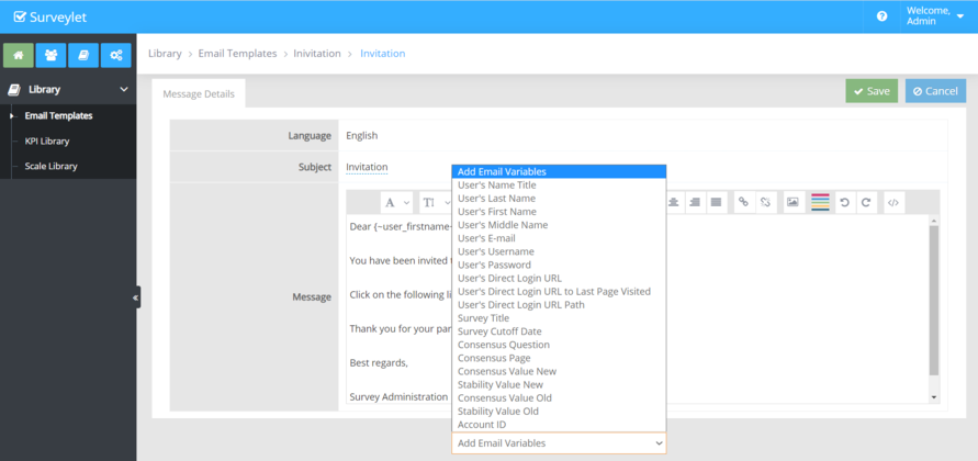 Select a saved template when composing a survey email.