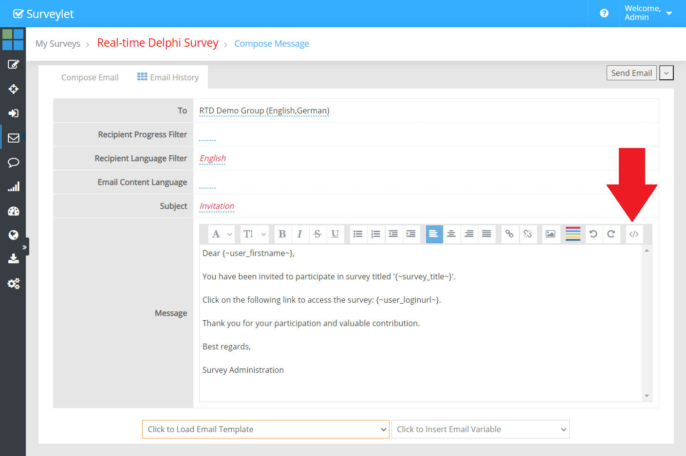 Email variables insert survey and participant information into a template.