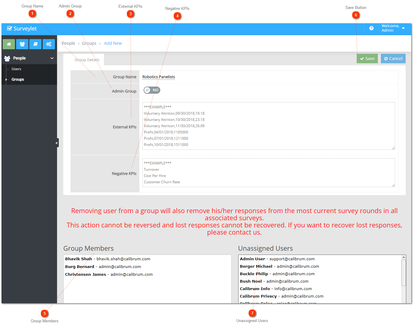 The group form lets you select members. Numbered callouts come from the original guide.