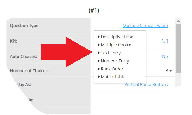 The question type menu groups the available input formats.