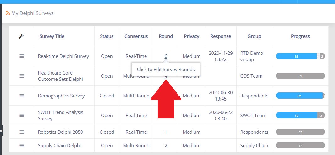 Click the current round number to open Survey Rounds.