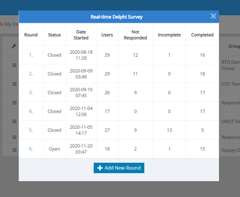 The Survey Rounds window lists snapshots in chronological order.