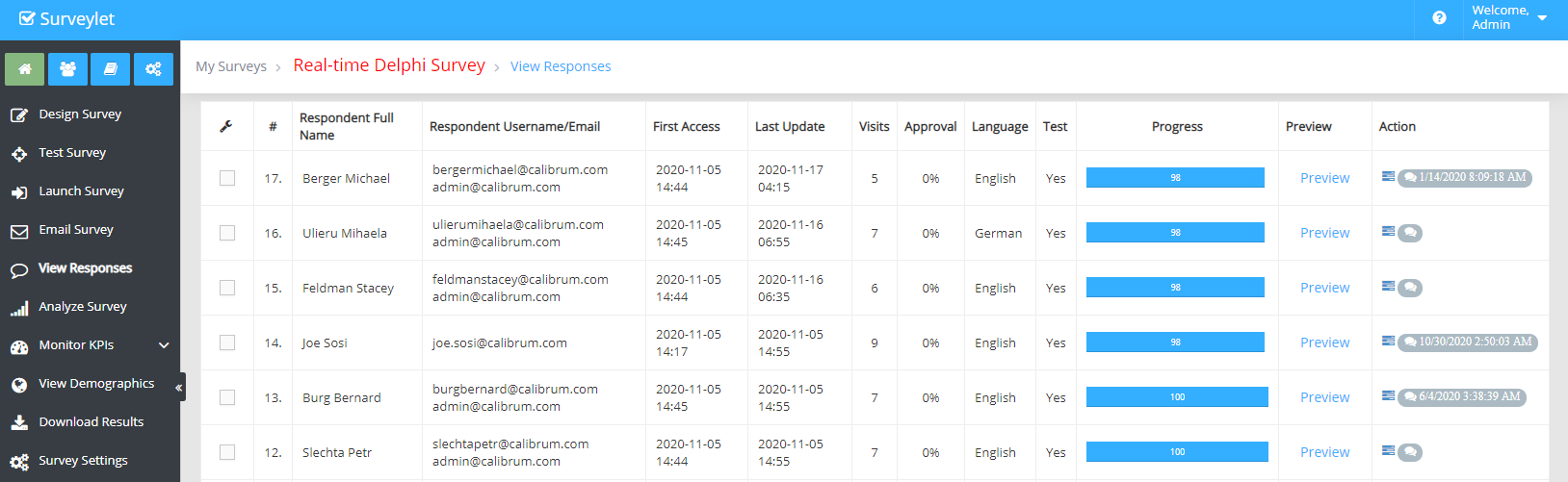 View Responses lists the survey’s participant records.